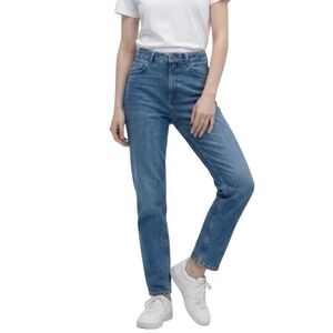 Zara High Waisted Mom Jeans Medium Wash Blue Denim Tapered Leg Womens Size 4